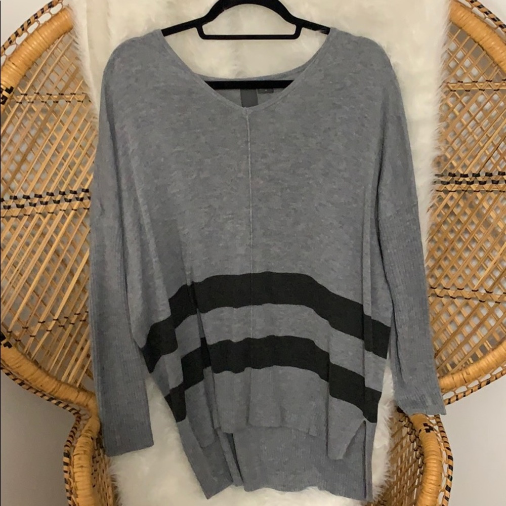 High low gray with black striped sweater